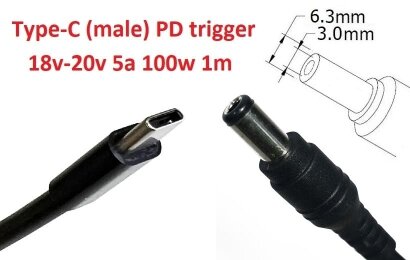 Kolega-Power Кабель-переходник триггер PD 18-20v Type-C (max 5a, 100w) на 6.3x3.0mm_0