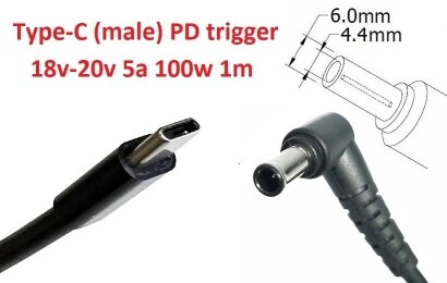 Kolega-Power Кабель-переходник триггер PD 18-20v Type-C (max 5a, 100w) на 6.0x4.4 or 6.5x4.0mm (+pin)_0