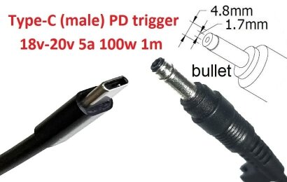 Kolega-Power Кабель-переходник триггер PD 18-20v Type-C (max 5a, 100w) на 4.8x1.7 or (4.75+4.2)x1.6mm (bullet)_0
