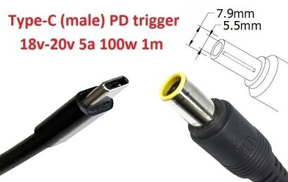 Kolega-Power Кабель-переходник триггер PD 18-20v Type-C (max 5a, 100w) на 7.9x5.5 or 8.0x7.4mm (+pin)_0