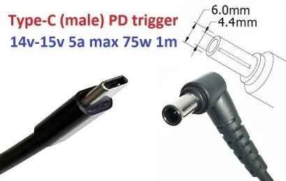 Kolega-Power Кабель-переходник триггер PD 14v-15v Type-C (max 5a, 75w) на 6.0x4.4 or 6.5x4.0mm (+pin)_0