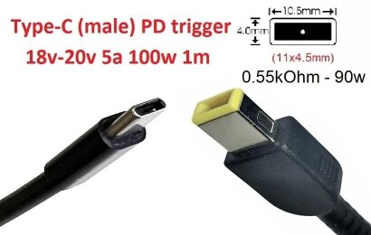 Kolega-Power Кабель-переходник триггер PD 20v Type-C (max 5a, 100w) на Square tip 11.0x4.5mm (+pin)_0