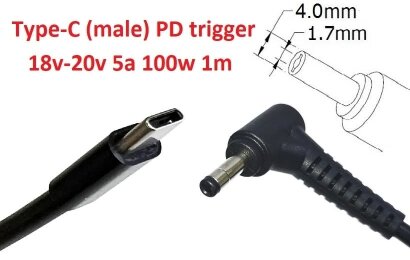 Kolega-Power Кабель-переходник триггер PD 18-20v Type-C (max 5a, 100w) на 4.0x1.7mm_0