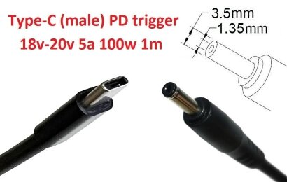 Kolega-Power Кабель-переходник триггер PD 18-20v Type-C (max 5a, 100w) на 3.5x1.35mm_0