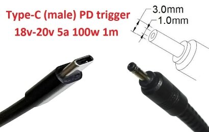 Kolega-Power Кабель-переходник триггер PD 18-20v Type-C (max 5a, 100w) на 3.0x1.0(0.9/1.1)mm_0