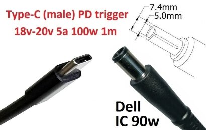 Kolega-Power Кабель-переходник триггер PD 18-20v Type-C (max 5a, 100w) на 7.4x5.0mm (+pin)_0