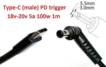 Kolega-Power Кабель-переходник триггер PD 18-20v Type-C (max 5a, 100w) на 5.5x3.0 or 5.0x3.0mm (+pin)_0
