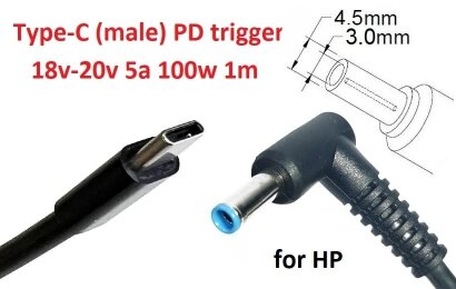 Kolega-Power Кабель-переходник триггер PD 18-20v Type-C (max 5a, 100w) на 4.5x3.0(2.7)mm (+pin)_0