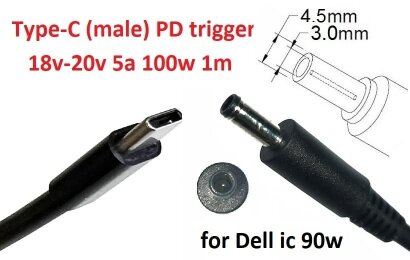 Kolega-Power Кабель-переходник триггер PD 18-20v Type-C (max 5a, 100w) на 4.5x3.0(2.7)mm (+pin)_0