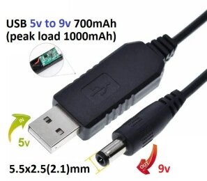 Kolega-Power Кабель-переходник для роутера USB 5v на DC 9v 1m 5.5x2.5mm_0