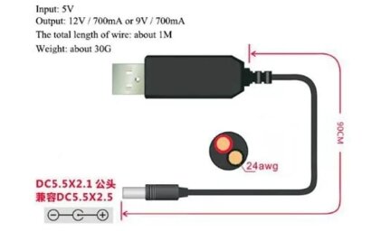 Kolega-Power Кабель-переходник для роутера USB 5v на DC 9v 1m 5.5x2.5mm_4