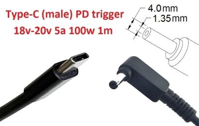 Kolega-Power Кабель-переходник триггер PD 18-20v Type-C (max 5a, 100w) на 4.0x1.35mm_0