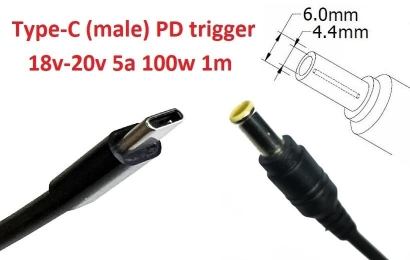 Kolega-Power Кабель-переходник триггер PD 18-20v Type-C (max 5a, 100w) на 6.0x4.4 or 6.5x4.0mm (+pin)_0