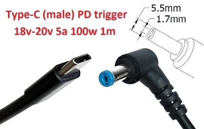 Kolega-Power Кабель-переходник триггер PD 18-20v Type-C (max 5a, 100w) на 5.5x1.7mm_0