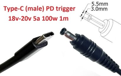 Kolega-Power Кабель-переходник триггер PD 18-20v Type-C (max 5a, 100w) на 5.5x3.0 or 5.0x3.0mm (+pin)_0