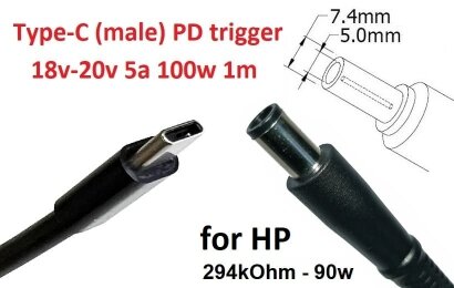Kolega-Power Кабель-переходник триггер PD 18-20v Type-C (max 5a, 100w) на 7.4x5.0mm (+pin)_0