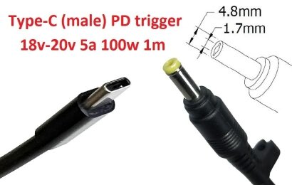Kolega-Power Кабель-переходник триггер PD 18-20v Type-C (max 5a, 100w) на 4.8x1.7mm_0