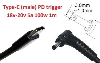Kolega-Power Кабель-переходник триггер PD 18-20v Type-C (max 5a, 100w) на 3.0x1.0(0.9/1.1)mm_0