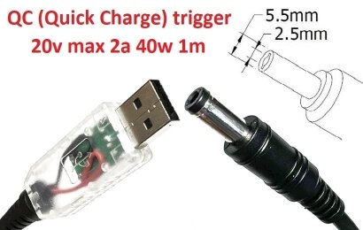 Kolega-Power Adapter-cable trigger QC (Quick Charge) 20v USB Type-A (max 2a, 40w) to 5.5x2.5mm_0