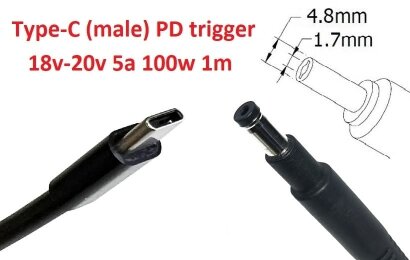 Kolega-Power Кабель-переходник триггер PD 18-20v Type-C (max 5a, 100w) на 4.8x1.7mm (long black)_0