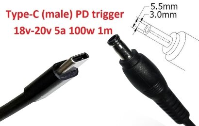 Kolega-Power Кабель-переходник триггер PD 18-20v Type-C (max 5a, 100w) на 5.5x3.0 or 5.0x3.0mm (+pin)_0